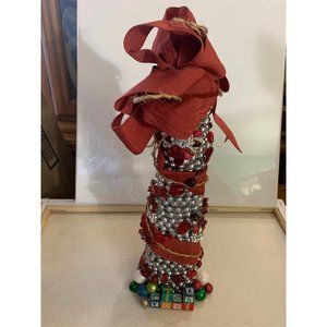 Silver necklace encrusted Christmas Tree with Red Ribbon 14 inch